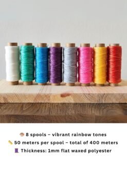 1mm Polyester Cord – bright rainbow tones on wooden shelf, 8 spool bundle