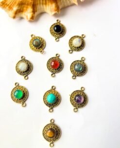 Textured Round Brass Stones Charms Connectors