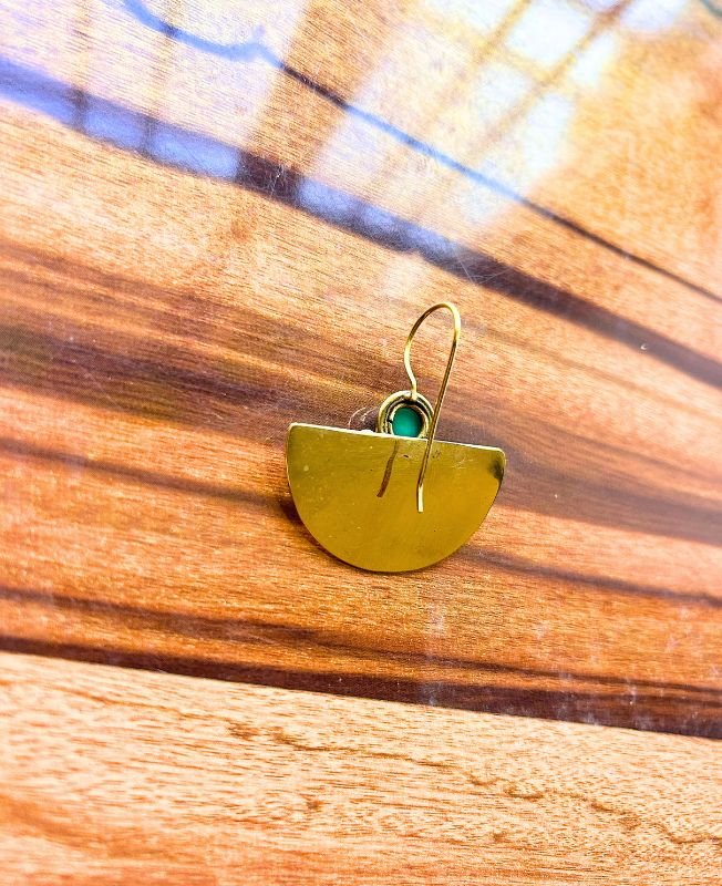 Green Stone Semi Fan Brass Earrings - Image 2