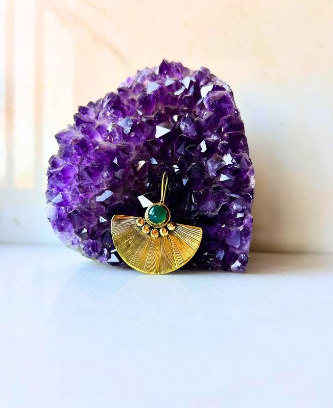 Green Stone Semi Fan Brass Earrings
