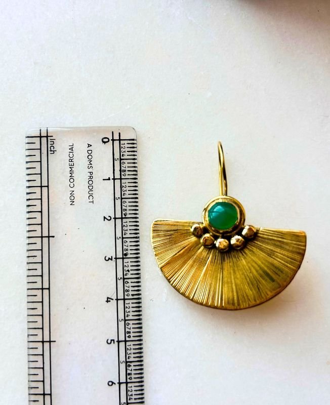 Green Stone Semi Fan Brass Earrings - Image 3