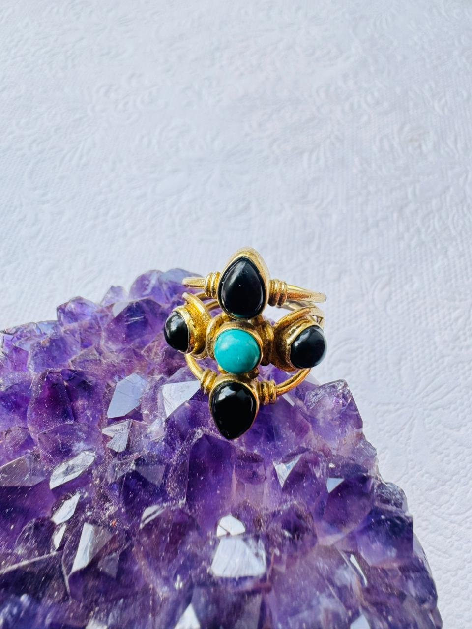 5/20 Pieces Turquoise and Black Stone Cluster Brass Ring