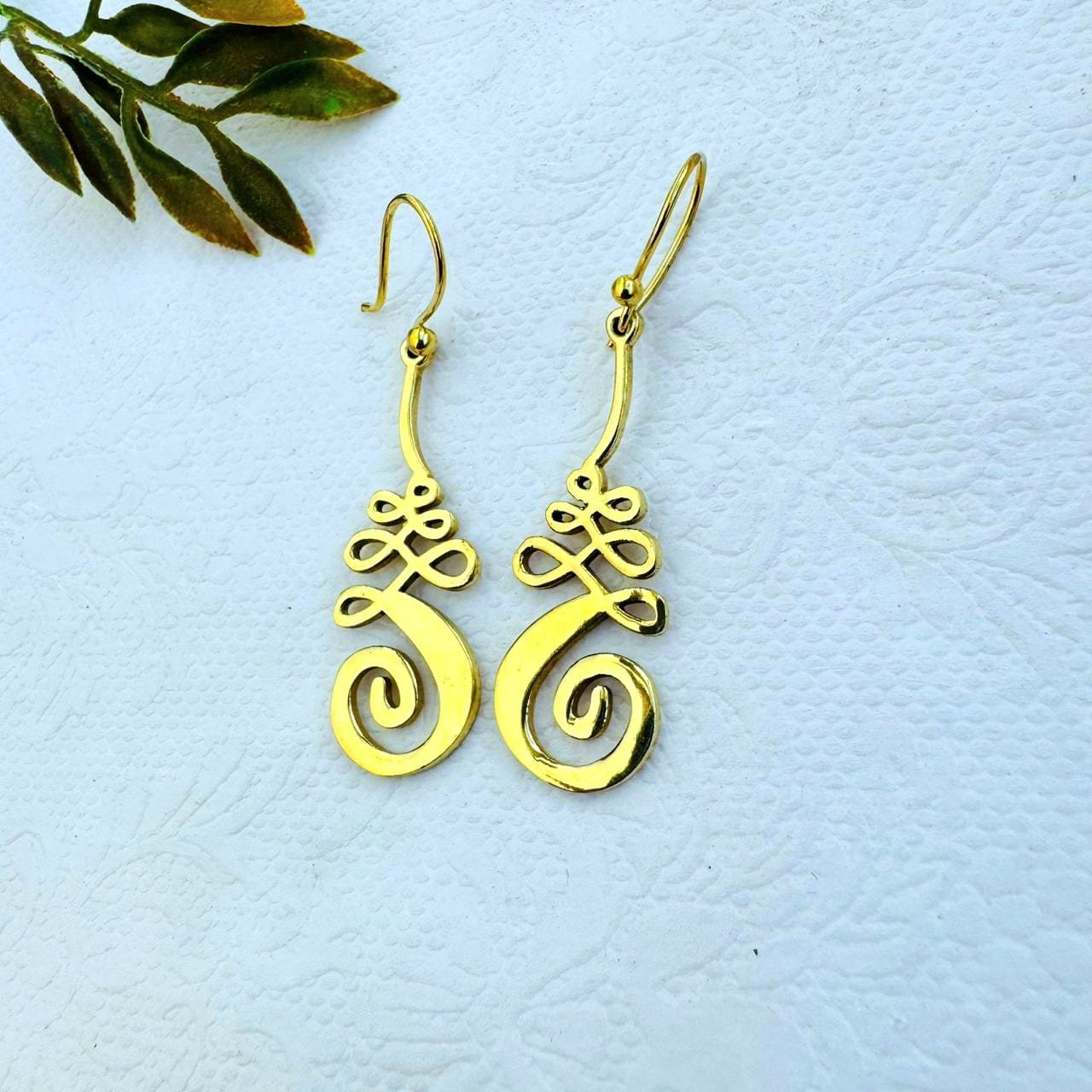 5/20 Pairs Unalome Sacred Spiral Drop Hoop Brass Earrings - Image 2
