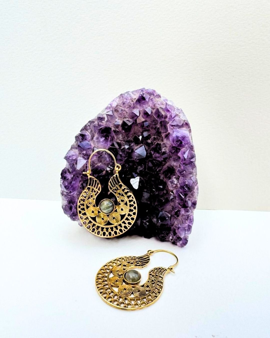 5/20 Pairs Labradorite Spiral Stone Hoop Brass Earrings