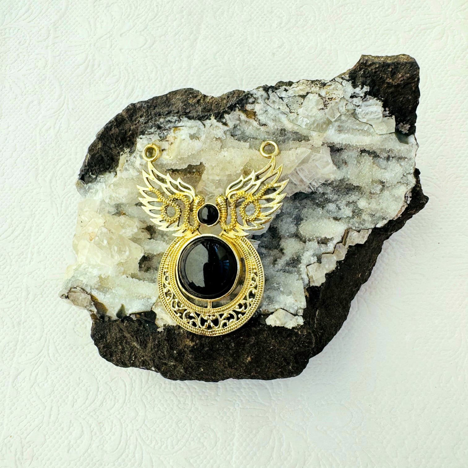 Big Black Onyx Ethnic Brass Pendant for Jewelry Making