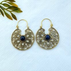 Alternative view of 5/20 Pairs Lapiz Lazuli Mandala Flower Brass Earrings
