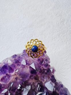 5/20 Pieces Lapis Lazuli Flower Brass Ring