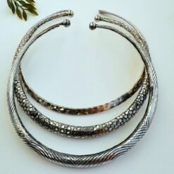 Alternative view of Boho Etched Silver Toned Brass Choker Set – Intricately Carved Designs (Set of 3)