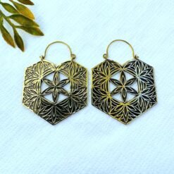 Alternative view of 5/20 Pairs Hexagon Design Hoop Brass Earrings