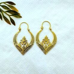Alternative view of 5/20 Pairs Leaf Motif Tribal Hoop Brass Earrings