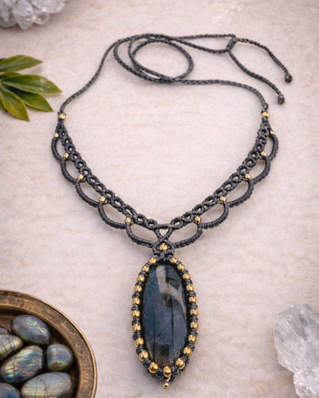 Labradorite Oval Stone Macrame Necklace - Image 4