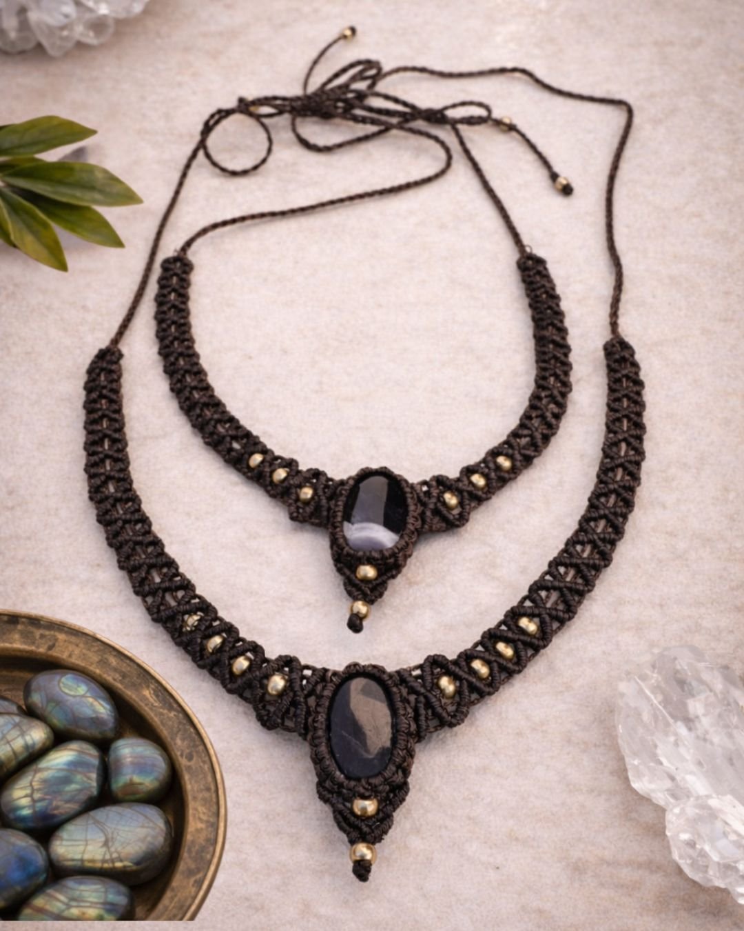 Layered Oval Stone Macrame Necklace - Image 4