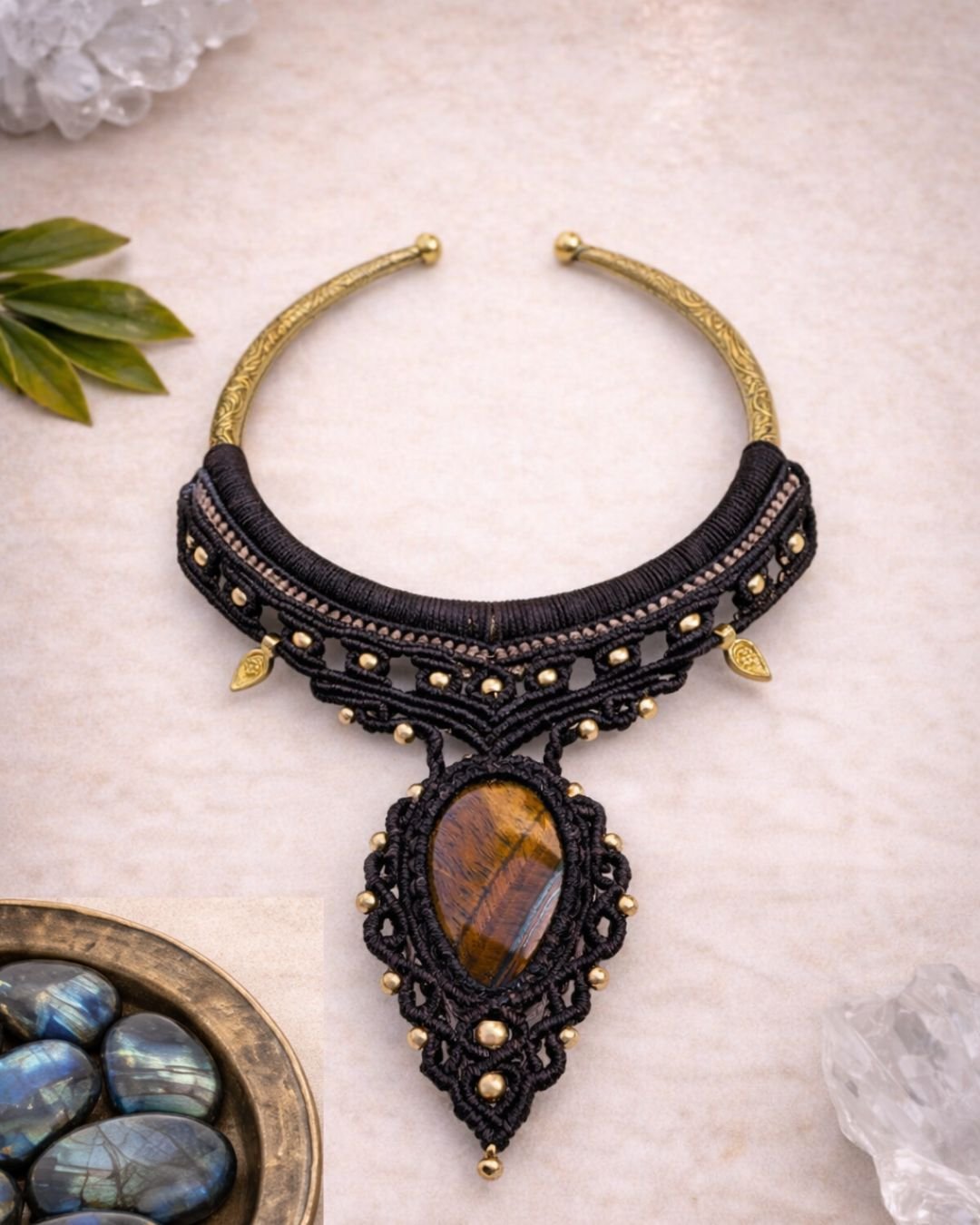 Tribal Tiger Eye Pendant Macrame Choker - Image 4