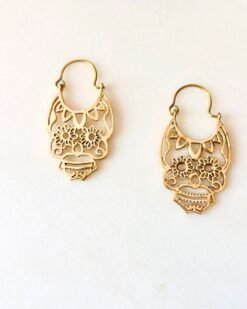 Alternative view of Sugar Skull Floral Hoop Brass Earrings