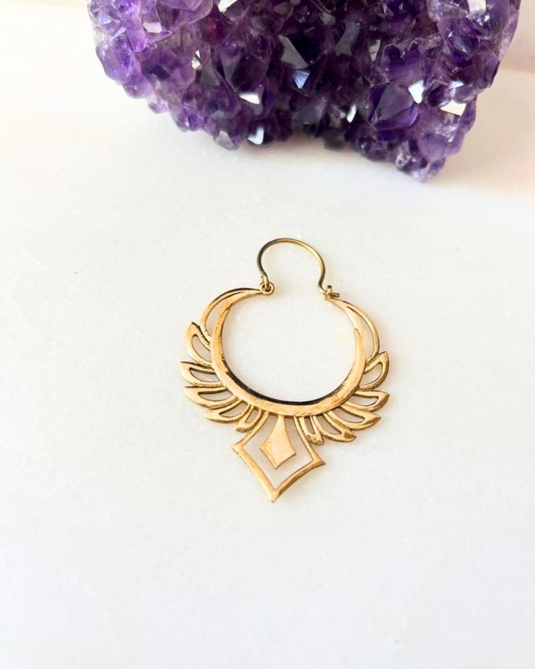 Winged Crescent Statement Brass Earrings