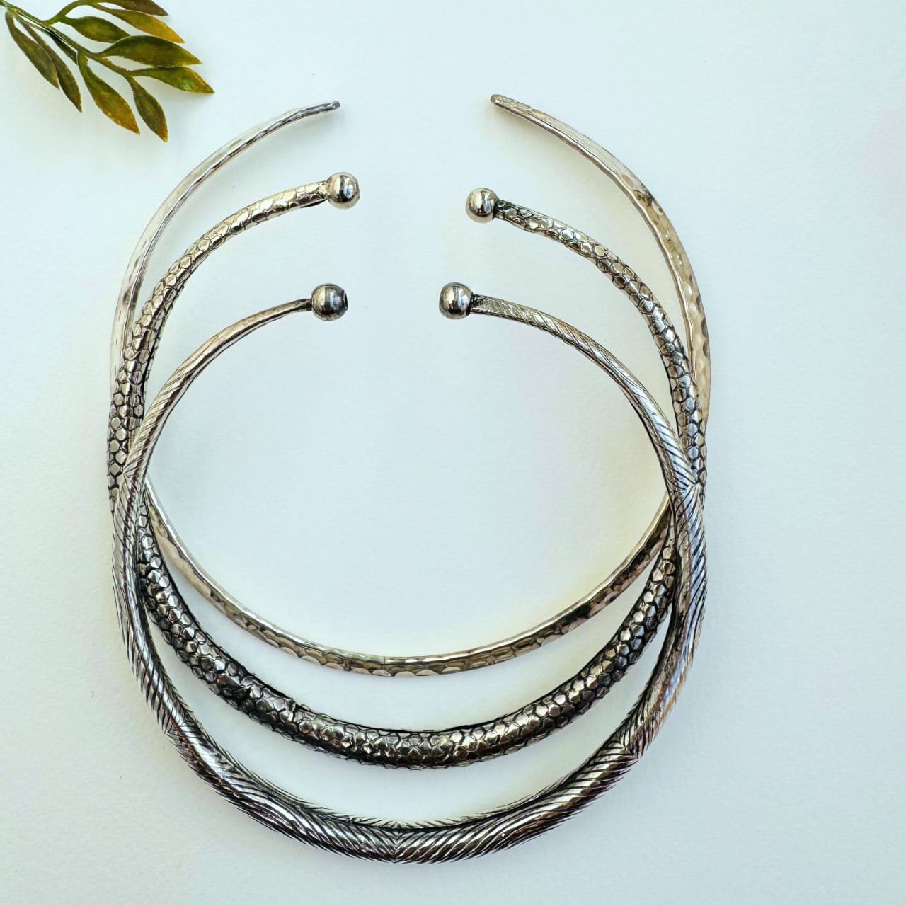 Boho Etched Silver Toned Brass Choker Set – Intricately Carved Designs (Set of 3)