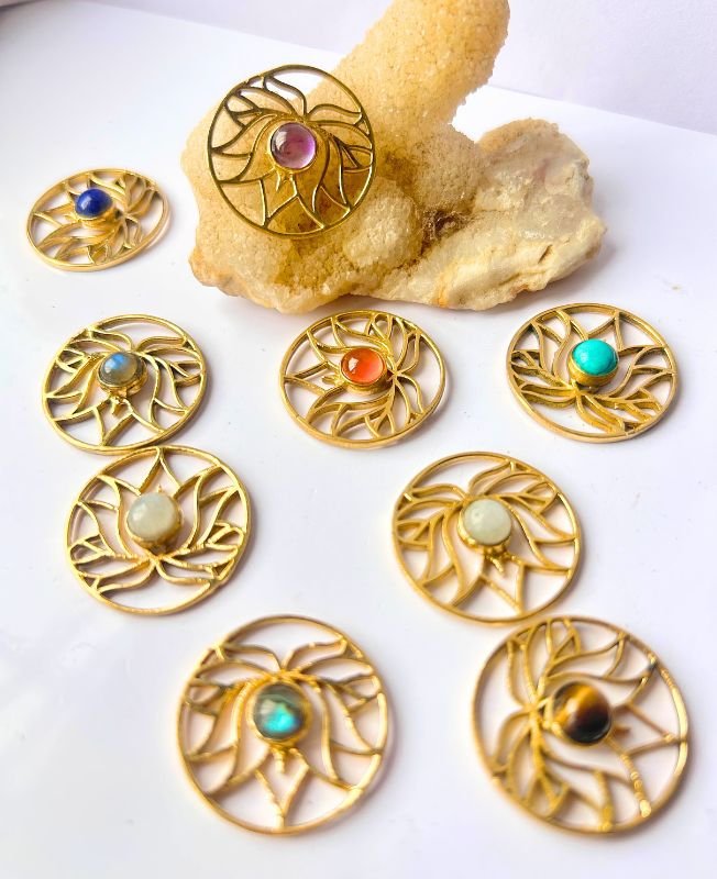 Lotus Flower Brass Disc Brass Stones Charms Connectors