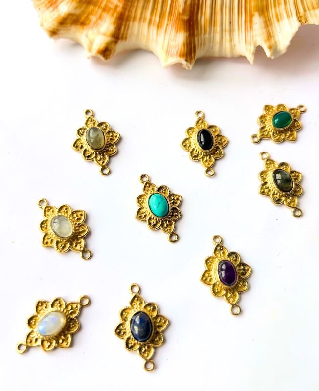 Navette Finish Bezel Gemstone Brass Charms Connectors